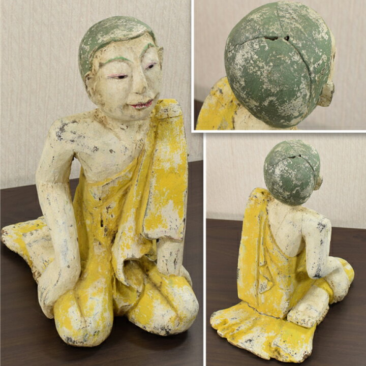 楽天市場】タイの修行僧（大） 時代を経たような木彫りのお坊さんの像 