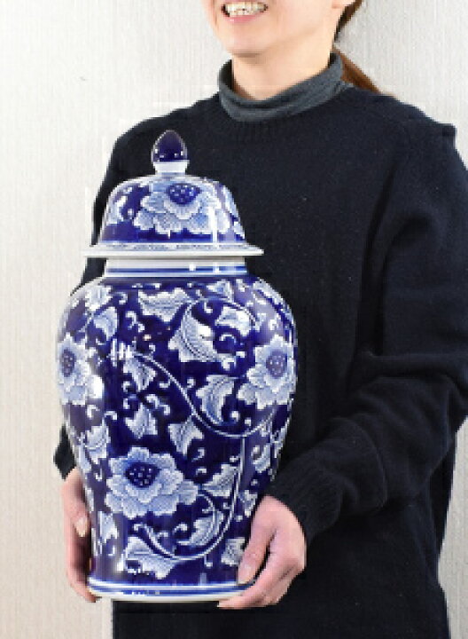 楽天市場】A&B HOME 青色陶器蓋付大壷 ブルージャー 飾り壺 陶器置物 