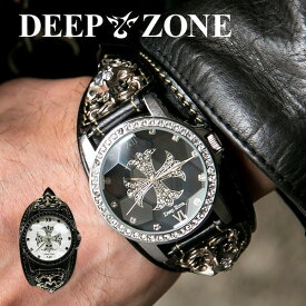 DEEP ZONE 本革 腕時計 ブレスウォッチ メンズ カジュアル ビジネス ジルコニアクロス ギフト 誕生日プレゼントにも♪