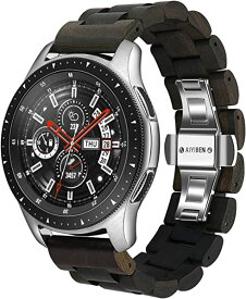 Samsung Galaxy Watch 3 45mm 46mm 木製 ステンレススチール 腕時計バンド 22mm クイックリリースストラップ 交換用ブレスレット リストバンド Gear S3用 ブラウン 22mm