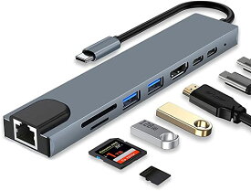 Type-cハブ 8in1 8K60Hz USB2.0 高速データ通信 PD急速充電 HDMI出力 LAN 100W イーサネット 100Mbps 4K対応 HDMI出力 PD対応 USB-C USB-A microSD&SDカード MacBook ProAir用 USBCドック/Dell/iPad Proなど対応 (グレー) 送料無料