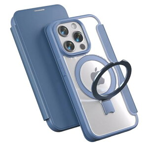 iPhone 15 Pro ケース Magsafe 多機能 スタンド 手帳型ケース リング&スタンド 切り替え ワイヤレス充電 カード収納 マグネット式 背面透明PU カメラ保護カバー レザー 耐衝撃 全面保護 ブルー 送
