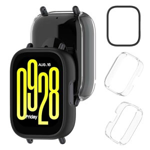 Redmi Watch 5 Lite �P�[�X PC�f�� �y�� �ϏՌ� ���h�~ �ی�J�o�[ redmi watch 5 lite �S�ʃJ�o�[ �ϖ��C �ی�P�[�X (�u���b�N+�N���A)(2������)