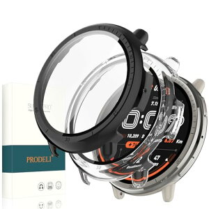 Amazfit Active 2 �P�[�X+�K���X�t�C���� 2���Z�b�g PC+�K���X �����x ��̌^�J�o�[ �L�Y�h�~ ���t���ȒP �y�� amazfit active 2 �ی�J�o�[ (�u���b�N+����)