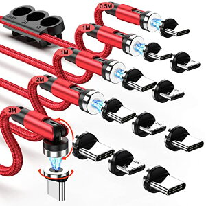 USB�P�[�u�� �}�O�l�b�g �[�d�P�[�u�� 5�{�Z�b�g / 0.5+1Mx2+2M+3M��12�R�l�N�^ LED���C�g���� USB�P�[�u�� 3in1 �[�d�� �}�O�l�b�g 540°��]�\ �}���[�d �h�o USBC Micro USB Phone �S�@�� / PlayStation�Ή� 