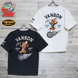 【送料無料】メンズ トムとジェリー VANSON コラボ 半袖 Tシャツ 半袖Tシャツ ティーシャツ バック 刺繍 胸刺繍 バンソン バイカー トムジェリ レディース ユニセックス 白 ホワイト 黒 ブラック タイヤ ウイング