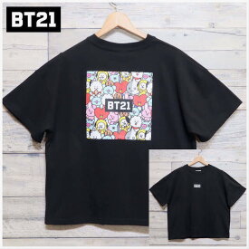 【送料無料】BT21 BTS クロップド 半袖 Tシャツ 半袖Tシャツ ロゴ 刺繍 バック プリント イラスト 公式 グッズ LINE キャラクター レディース 黒 ブラック