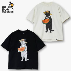 【送料無料】メンズ ゴースローキャラバン 半袖 Tシャツ 半袖Tシャツ ティーシャツ go slow caravan スイカ すいか 猫 ねこ ネコ 麦わら帽子 プリント ユニセックス レディース アイボリー 黒 ブラック