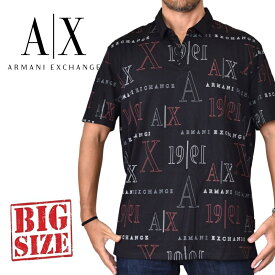 大きいサイズ メンズ A/X ARMANI EXCHANGE アルマーニエクスチェンジ 半袖ポロシャツ 総柄 黒 ブラック XXL