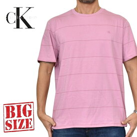 大きいサイズ メンズ CK カルバンクライン Calvin Klein クルーネック 半袖Tシャツ ボーダーワンポイント ピンク XL XXL