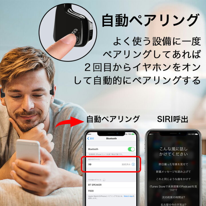 楽天市場 P10倍 23 59迄 ワイヤレスイヤホン Bluetooth イヤホン 骨伝導 ヘッドホン 高音質 自動ペアリング スポーツ 防水 耳が疲れない 耳を塞がない 落下防止 超軽量 完全ワイヤレス マイク内蔵 Siri対応 ノイズキャンセル ハンズフリー通話 ブルートゥース