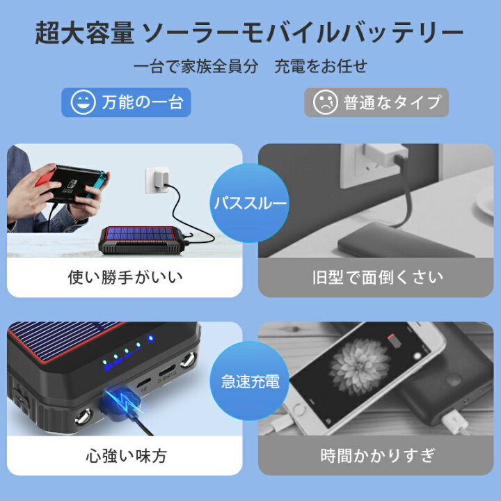 楽天市場】【40800mAhQiワイヤレス充電 】 ソーラー モバイルバッテリー 大容量 PD対応 Qiワイヤレス充電 18W ソーラーチャージャー 急速充電 SCP22.5W モバイルバッテリー ソーラー充電器 4本ケーブル内蔵 4way蓄電 2個LEDライト PSE認証済 防災グッズ iPhone iPad ... 楽天市場】【40800mAhQiワイヤレス充電 】 ソーラー モバイルバッテリー 大容量 PD対応 Qiワイヤレス充電 18W ソーラーチャージャー 急速充電 SCP22.5W モバイルバッテリー ソーラー充電器 4本ケーブル内蔵 4way蓄電 2個LEDライト PSE認証済 防災グッズ iPhone iPad ...