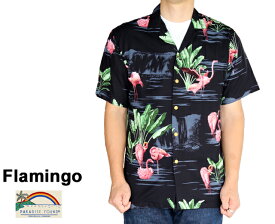 アロハシャツ パラダイスファウンド Paradise Found ハワイ製 レーヨン フラミンゴ Flamingo 黒 ブラック メンズ 半袖 ハワイ ブランド アメカジ