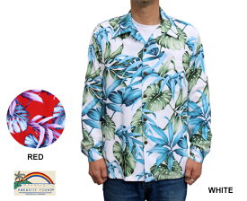 アロハシャツ 長袖 パラダイスファウンド Paradise Found L/S RAINFOREST レインフォレスト ハワイ製 白 ホワイト 赤 レッド メンズ ハワイ ブランド アメカジ