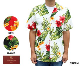 RJC ロバート・J・クランシー アロハシャツ メンズ ハワイ製 ハイビスカス クリーム 赤 レッド 黒 ブラック