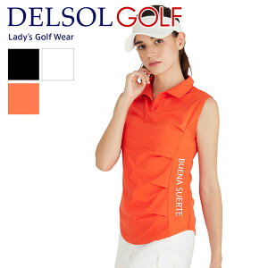 セール品 アウトレット 7771 ギャザー入スキッパーノースリーブシャツ レディース ゴルフウェア デルソル ゴルフ テニス ノースリーブ スキッパー ブラック ホワイト オレンジ 白 黒 S M L LL 3L