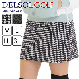 【初回購入返品送料無料】7899 ポンチ 柄スカート(裏地付) ゴルフウェア レディース スカート レオパード 千鳥 デルソル M L LL 大きいサイズ スポーツウェア 秋 冬 丈長め 深め ポケット 総ゴム