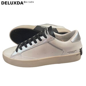 ポイント5倍【CRIME LONDON / クライムロンドン】【DISTRESSED】 メンズレザーコンビネーションスニーカー ホワイト シルバー ブラック ヴィンテージ加工 イタリアシューズブランド メンズラグジ