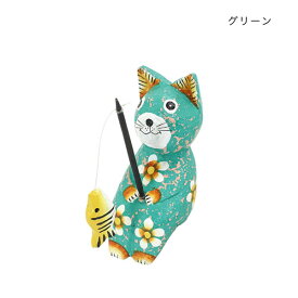 アジアン人形 BAS 釣りネコ Sサイズ パステル 木製 ウッド 猫 CAT アニマル お座り 魚釣り 雑貨 インテリア ドール 人形 アジアン バリ島 DM便不可 tc アジアン雑貨