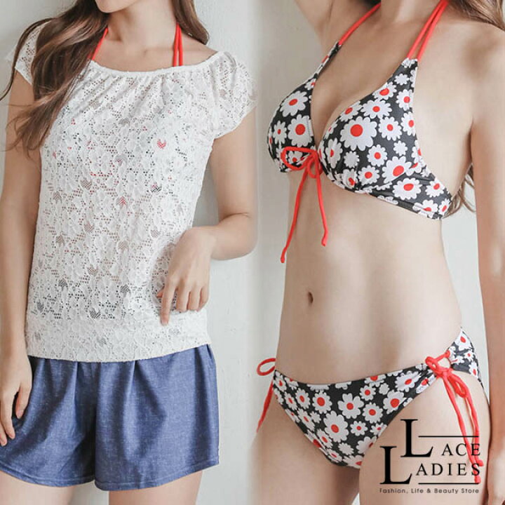 楽天市場 デージー 総柄ビキニ ショートパンツ カバーアップ付き 水着 4点セット ビキニ 体型カバー ママ 30代 40代 ボトム ゆるトップス サーフパンツ ショートパンツ 新作 タンキニ アウター 可愛い ビーチ 水着4点 レディース セット水着 レースレディース