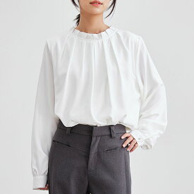 スタンドカラー タック プリーツ 長袖 ブラウス 女性 レディース トップス ロンT プルオーバー 春 秋 冬 フリル シンプル 立体感 華やか 上品 大人 きれいめ オフィス オンコーデ フォーマル セレモニー スーツ 着まわし ドレープ