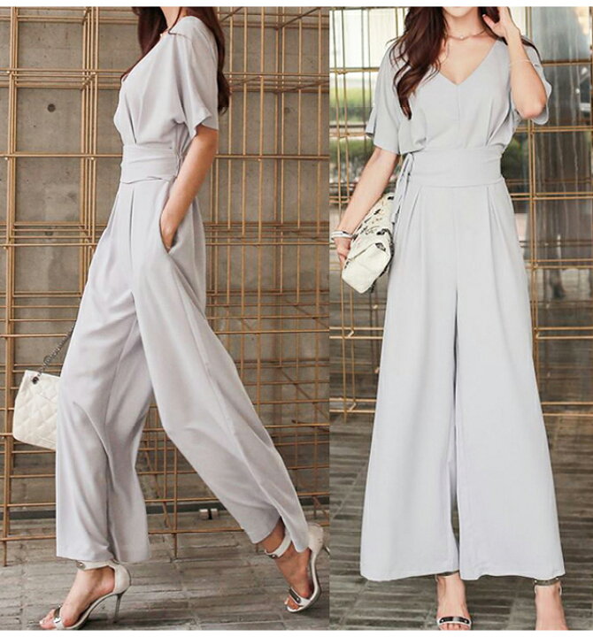 楽天市場 パーティードレス パンツドレス ワイドパンツ オールインワン サロペット グレー ブラック ネイビー 5分袖 半袖 Vネック ウエストリボン 二次会 結婚式 披露宴 演奏会 同窓会 お呼ばれ フォーマル ママ 春 夏 秋 お呼ばれ 他と被らない レースレディース