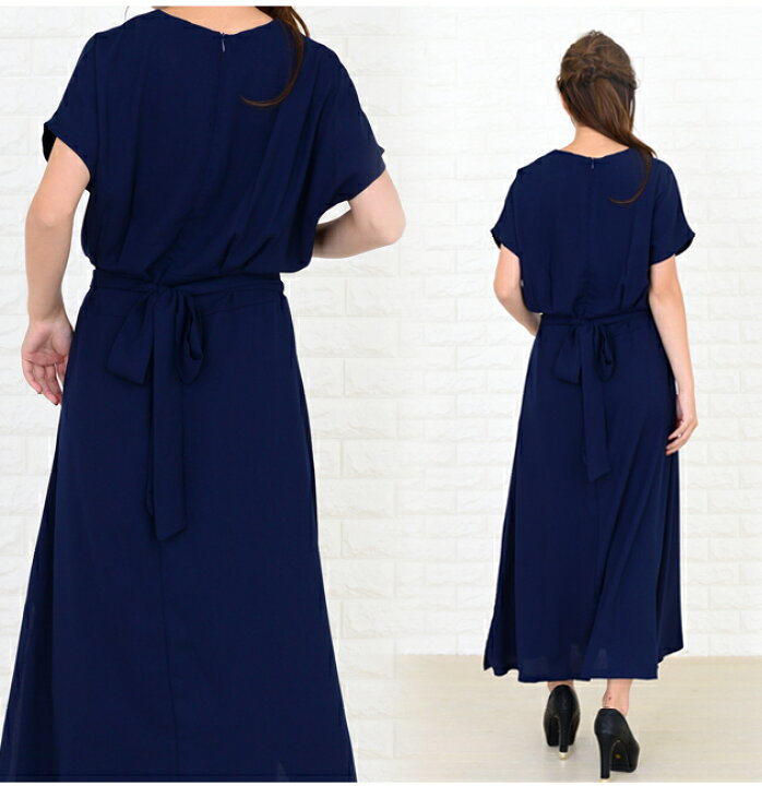 楽天市場 爽やか ワンピース ブラック ネイビー 体型カバー ゆったり レディース 動きやすい ウエストリボン キャップ袖 二の腕カバー ロング丈 マキシ丈 10分丈 スリット入り 春夏 春 夏 秋 大人 30代 40代 ママ シンプル 夏ワンピース レースレディース
