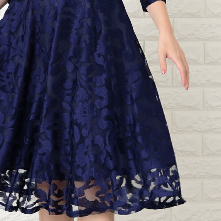 楽天市場 総レース パーティードレス ワンピース フォーマル フレアスカート 花柄 袖レース 七分袖 シースルー ミディアム丈 膝丈 結婚式 披露宴 二次会 お呼ばれ 黒 青 ブラック ブルー レディース フォーマル 春 夏 秋 冬 お呼ばれ 他と被らない ネイビー グリーン