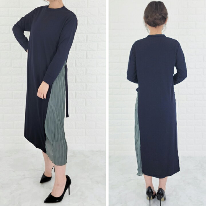 楽天市場】サイドプリーツ ワンピース 長袖 ブラック ネイビー  