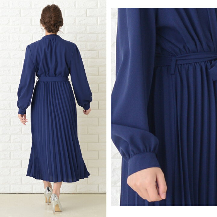 楽天市場】シャツ風 ロング ワンピース プリーツ 長袖 ノーカラー 