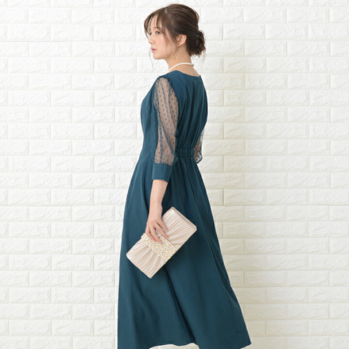 楽天市場】ドット柄シアー袖 ロングドレス ブラック ネイビー ブルー 