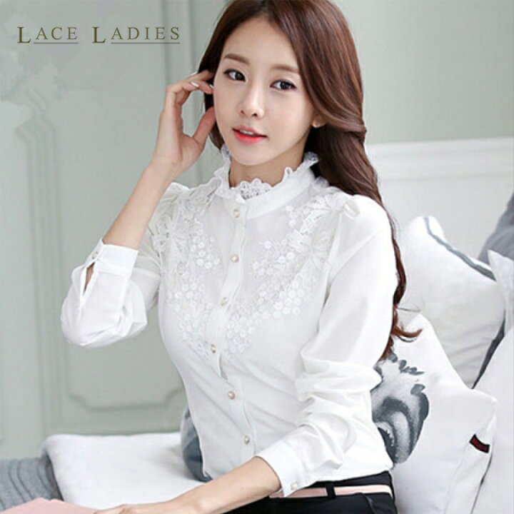 楽天市場 詰襟フリル ロングブラウス 長袖 襟付 シャツ ロングスリーブ レディース オフィス カジュアル オシャレ かわいい 春 秋 ホワイト 白 エレガント 入園 卒園 入学 卒業 優雅 薄手 通勤 Ol レースレディース