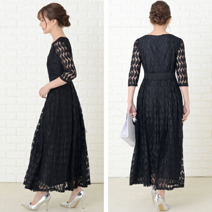 楽天市場】リーフ柄 総レース 七分袖ロングワンピース パーティー  