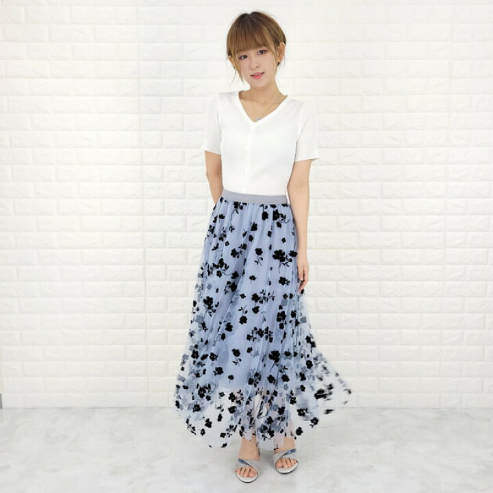 楽天市場】チュールスカート スカート ロングフレアスカート 立体花柄 