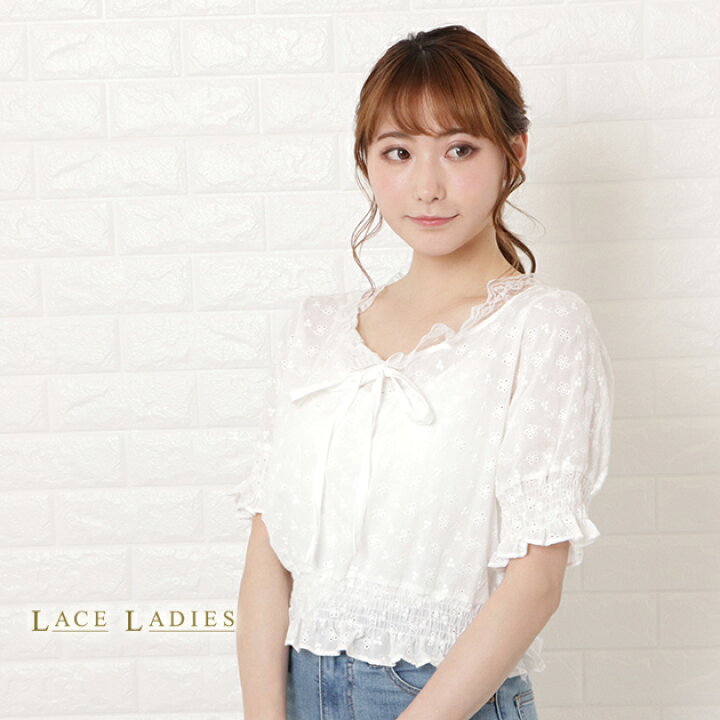 刺繍 レース 半袖 ブラウストップス レディース ラウンドネック ショート丈 クロップド丈 ペプラム コットン 春 夏 ナチュラル フェミニン ガーリー カジュアル ホワイト レースレディース コットンレースペムラムホワイトニット 半袖