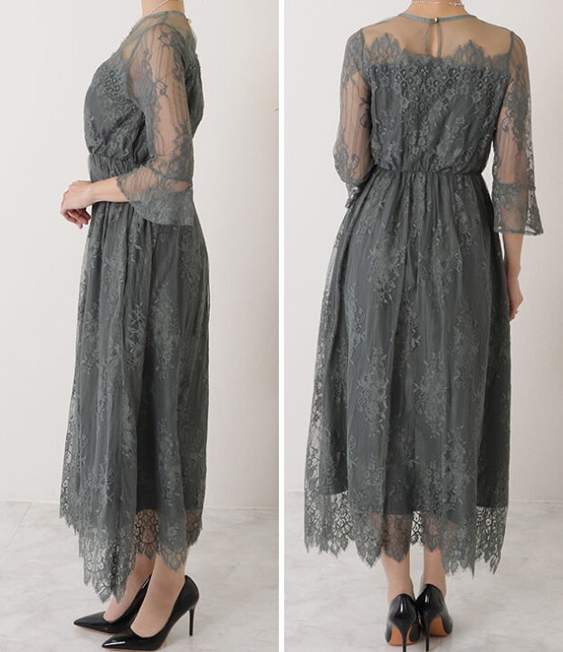 楽天市場】七分袖レースワンピースドレス ブラック ブルーグレー  