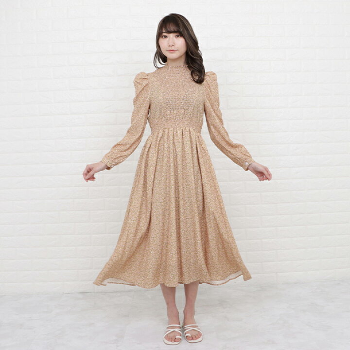 楽天市場】小花柄 パフスリーブ ロング丈 フレア ワンピース  