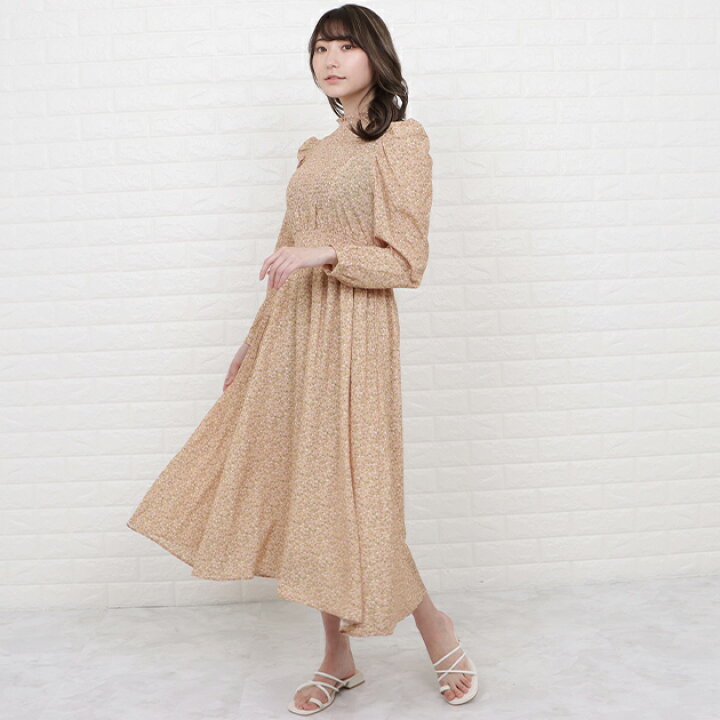 楽天市場】小花柄 パフスリーブ ロング丈 フレア ワンピース 