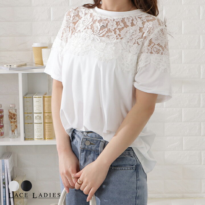 楽天市場】レース切替半袖Tシャツ レディース 女性 トップス 半袖 プル 