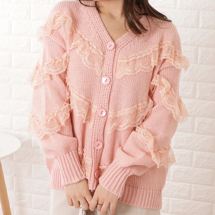 楽天市場】V字レースフリルニットカーディガン 女性 レディース  