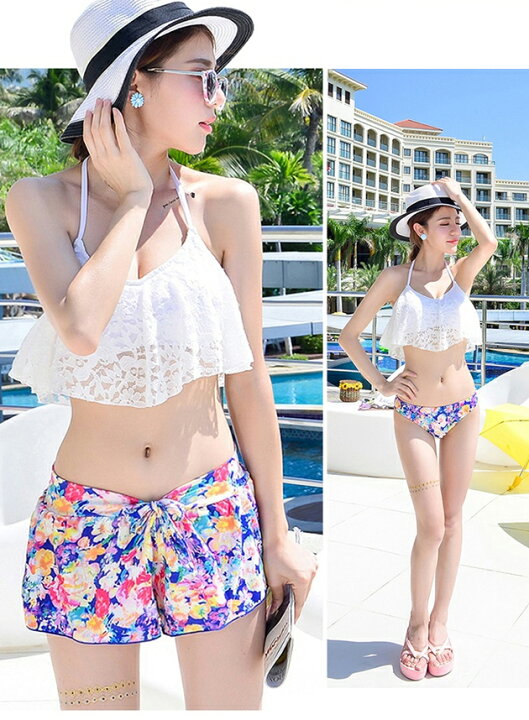 楽天市場 水着 レディース 水着ビキニ 3点セット ボタニカル柄 バンドゥ レース ショートパンツ ビキニ バンドゥー 体型カバー 通販 大人 フリル プチプラ ガールズ かわいい 女性用 スカート ボクサー 花柄 ショートパンツ キュロット レースレディース