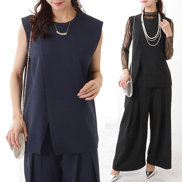 楽天市場】タック ワイド ノースリーブ パンツ セットアップ 女性  