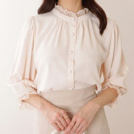 2WAY フリル スタンドカラー パフスリーブ 5分袖 ブラウス 女性 レディース プルオーバー トップス 春 夏 秋 フレンチ ガーリー ギャザー 華やか 上品 オフィス 可愛い 清楚 単色 フェミニン 両前デザイン