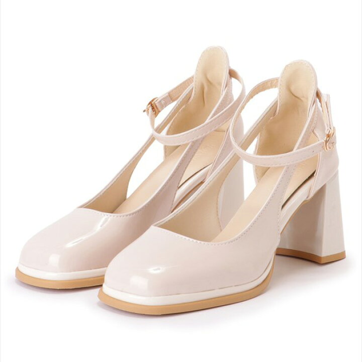 楽天市場】スクエアトゥ ストラップ チャンキー ハイヒール パンプス  