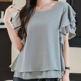 ラウンドネック ラッフルフリル 半袖 フレア プルオーバー 女性 レディース トップス ブラウス Tシャツ シフォン 透け感 シアー 春 夏 単色 無地 フェミニン エレガント 華やか ドレッシー オフィス デート オンコーデ 体型カバー レイヤード