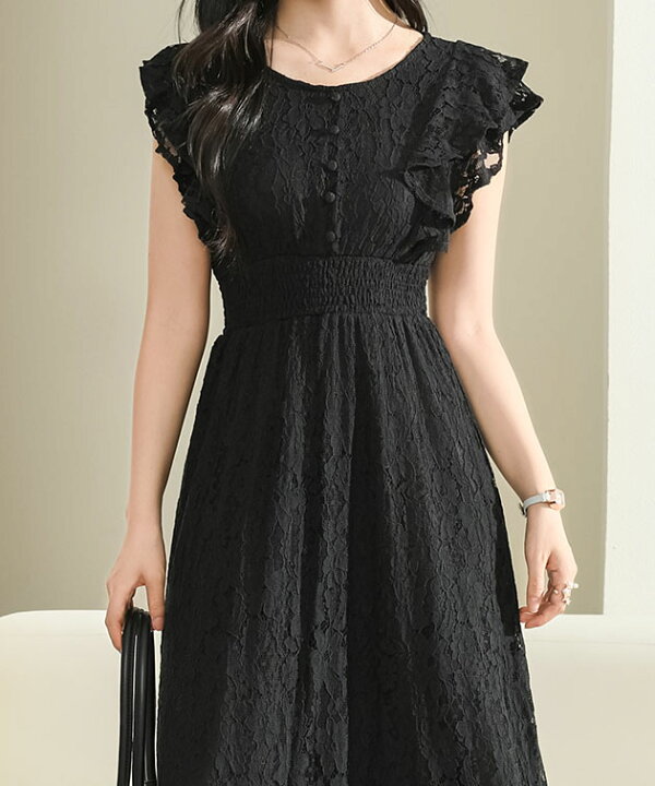 楽天市場】花柄 総レース ラッフルフリル シャーリング ロング  