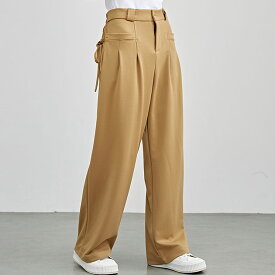 リボン付き ハイウエスト タック イージー パンツ 女性 レディース ボトム ズボン スラックス 春 夏 秋 体型カバー ストリート カジュアル 大人 可愛い 単色 無地 着回し バギーパンツ ワイドシルエット リラクシー