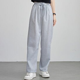 レースアップベルト付き ハイウエスト ワイド スウェット パンツ 女性 レディース ボトム ズボン スラックス ジャージパンツ 春 夏 秋 体型カバー ゆるカジ ゆったり 腰高設計　スタイルアップ 単色 無地 ソリッドカラー 落ち感 ストレート