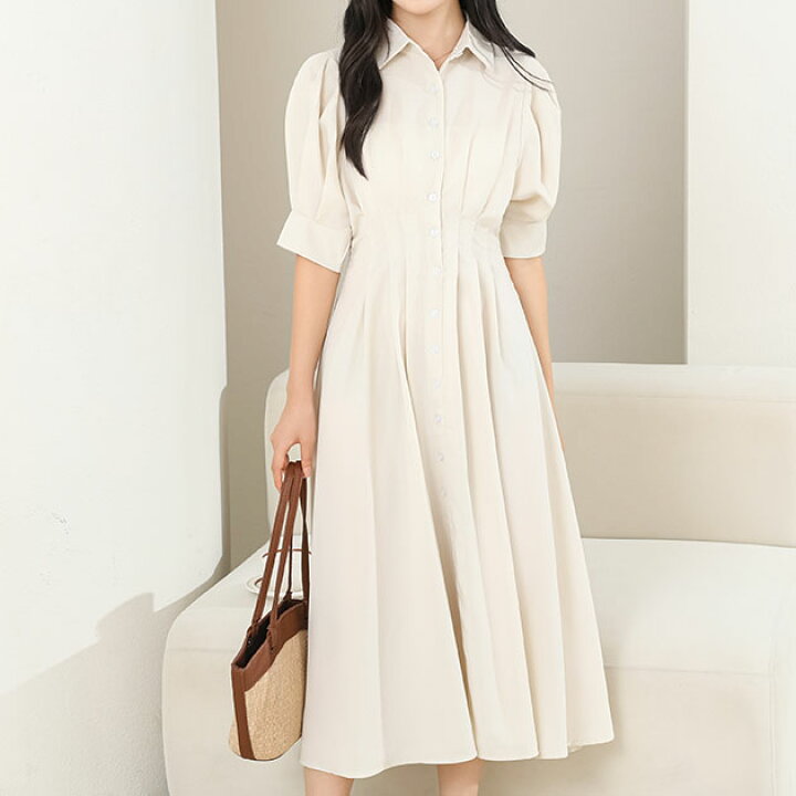 楽天市場】バックレースアップ パフスリーブ ロング シャツ ワンピース  