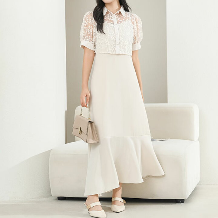 パーティードレス キャミソール オフホワイト 上品透け袖 レース  